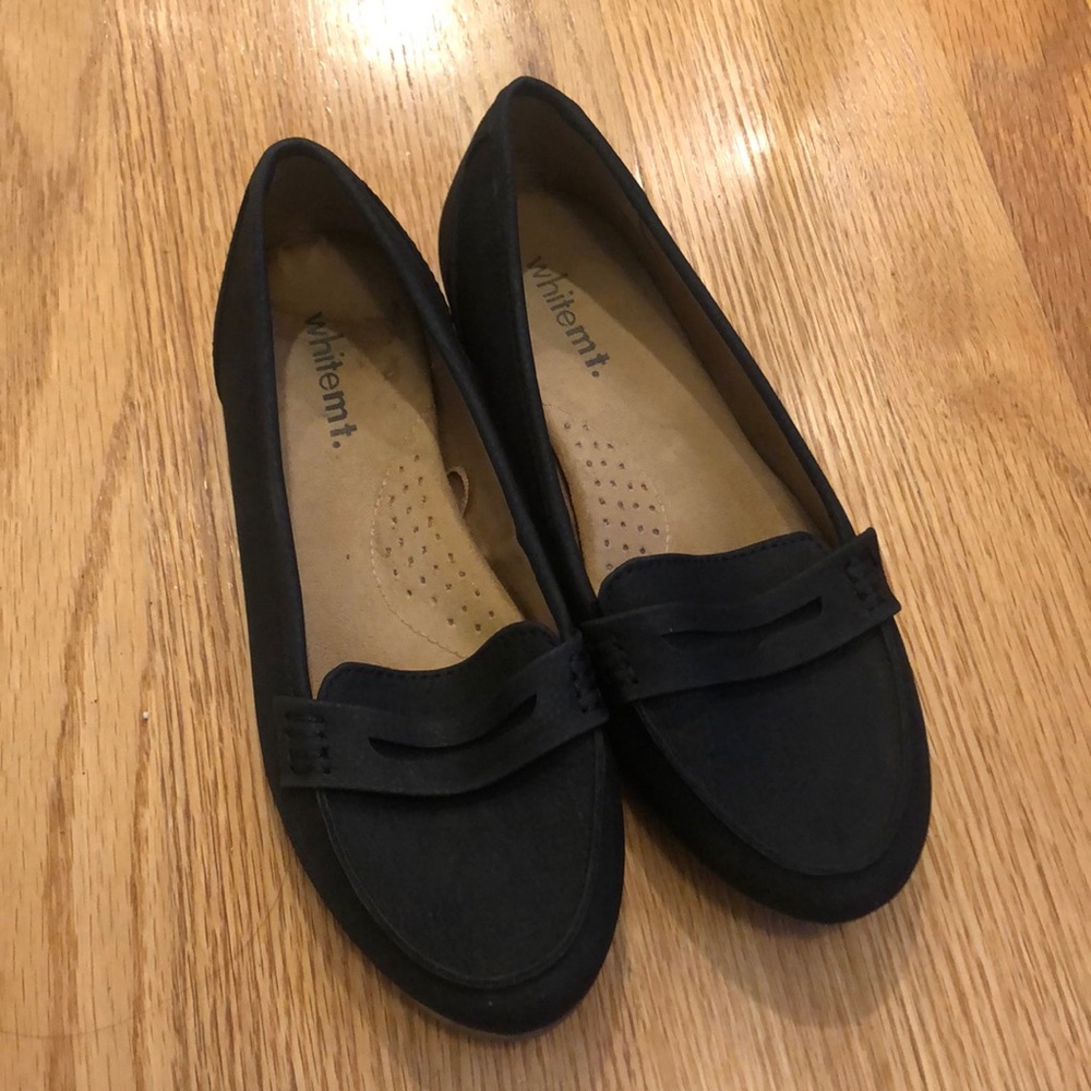 Black faux leather loafers. Perfect for work or shorts with a collared shirt.